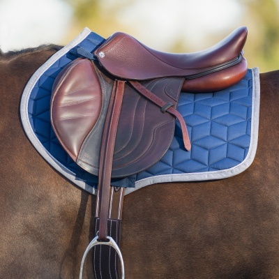 Sela de equitação castanha com alforge azul em cavalo castanho