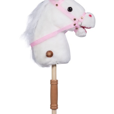 Cavalo pau de brinquedo unicórnio branco com chifre rosa e arnês rosa