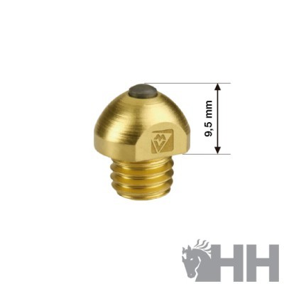 Parafuso metálico bronze de 9,5 mm sobre fundo branco com logótipo HH