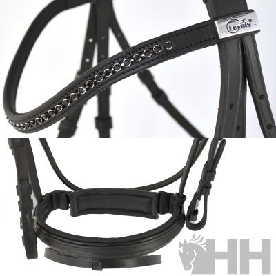 Estribo para cavalo em couro preto com detalhes metálicos e placa Lexhis