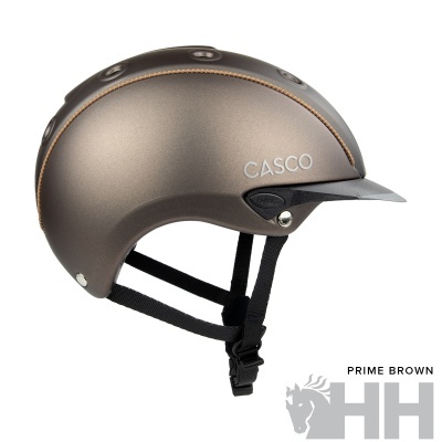 Capacete de cor castanho metálico com viseira preta e cinta ajustável preta