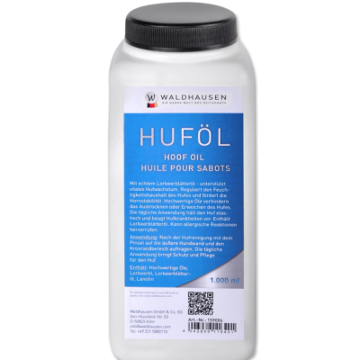 Frasco branco de óleo para cascos com etiqueta azul e tampa preta