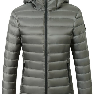 Casaco acolchoado cinza com capuz e fecho de correr