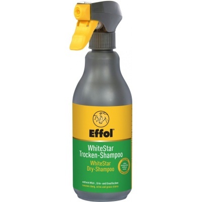 Frasco de shampoo seco Effol branco e verde com borrifador amarelo.