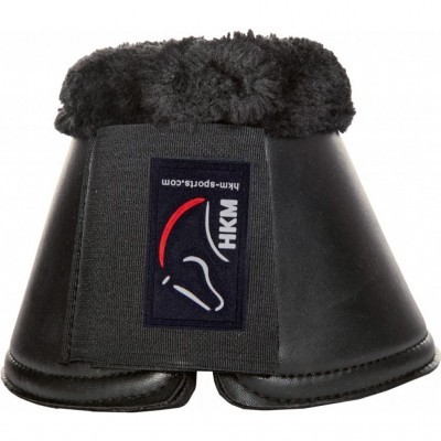 Campanas para cavalo pretas com revestimento felpudo preto e etiqueta azul com texto branco HKM