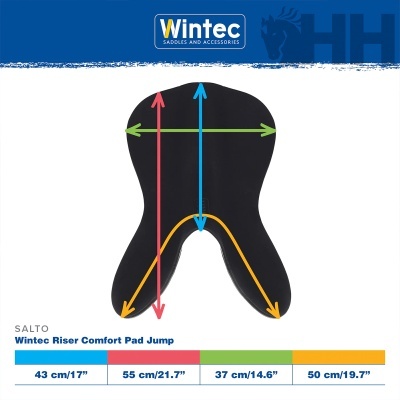 Almofada preta Wintec Riser Comfort Pad Jump com medições coloridas e logotipo Wintec em fundo azul