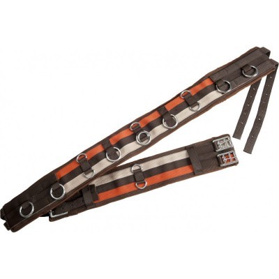 Fita têxtil castanha, laranja e bege com argolas metálicas e fivelas