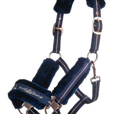 Cabresto de cavalo azul escuro com pêlo sintético e fivelas douradas