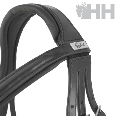 Cabeçada para cavalo em couro preto com placa Equiline e logótipo HH