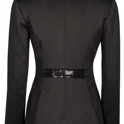 Blazer feminino preto com lantejoulas no colarinho e cintura, visto de costas