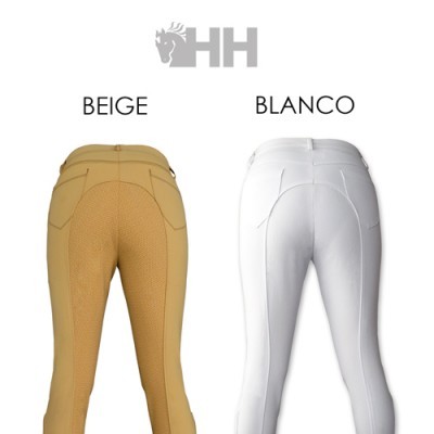 Calças de equitação bege e branco com áreas reforçadas e logotipo HH