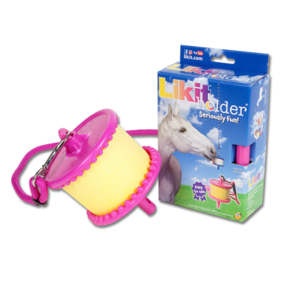 Dispositivo Likit Holder para cavalos em amarelo e rosa ao lado da caixa azul com imagem de cavalo