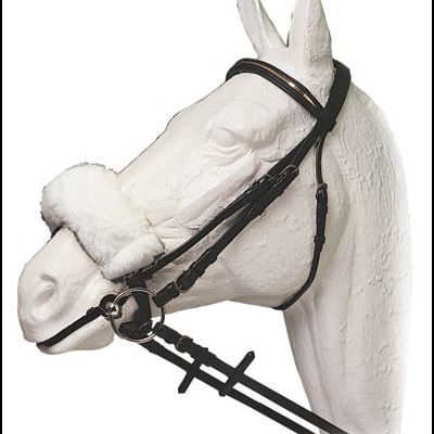 Cabresto preto com almofada branca em manequim de cavalo branco