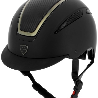 Capacete de equitação preto com detalhe carbono e fecho vermelho