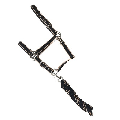 Cabresto de couro preto com corda trançada preta e bege