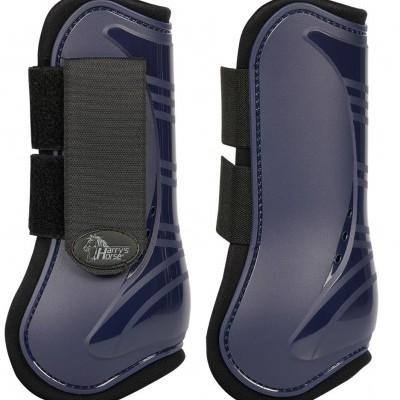 Proteções para pernas de cavalo azul escuro com tiras pretas de velcro e logo Harrys Horse
