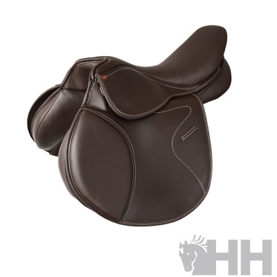 Sela de cavalo castanha escura em pele com costuras brancas