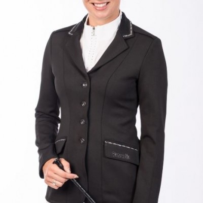 Casaco preto com botões e detalhes brancos