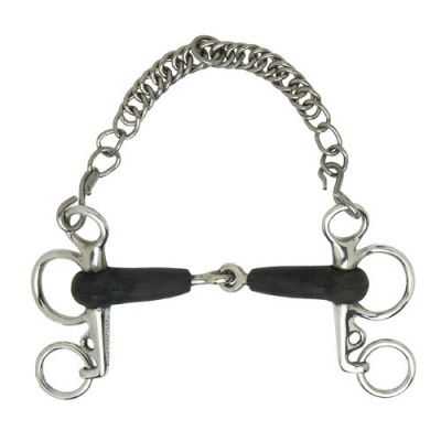 Freio de cavalo em metal prateado com bocais pretos e corrente