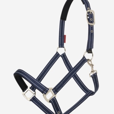 Cabresto azul escuro para cavalo com ferragens metálicas e costuras brancas