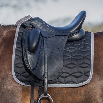 Sela de equitação preta em couro sobre cavalo castanho