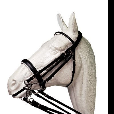 Cabeça de manequim de cavalo com rédea e cabresto pretos