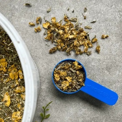 Colher medidora azul com ervas secas amarelas e verdes sobre fundo cinza, próxima de recipiente branco com ervas.