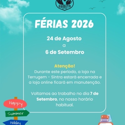Aviso de férias 2026 da loja Gamito com datas e decoração colorida em fundo azul