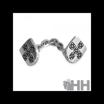 Par de abotoaduras em metal prateado com padrão quadriculado preto e branco