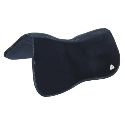 Manta de sela azul escuro com etiqueta triangular e texto SCAVALLO