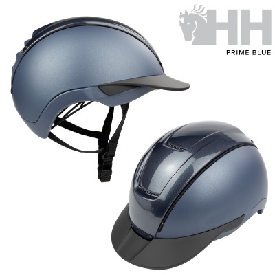 Capacete de equitação azul metálico com viseira preta e alças ajustáveis pretas