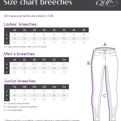 Gráfico de tamanhos para calças de montaria com medidas em centímetros para Ladies', Men's, e Junior.
