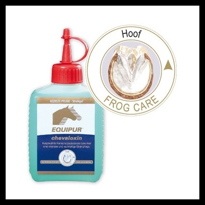 Frasco azul de Equipur Chevaloxin com tampa vermelha e diagrama de casco de cavalo