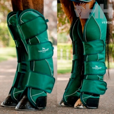 Proteção verde para pernas de cavalo com velcro e texto HorsePROTECT
