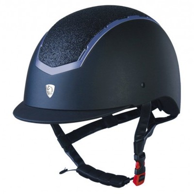 Capacete de equitação preto fosco com painel texturizado e correia ajustável com fivela vermelha