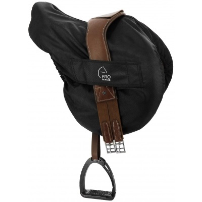 Sela de cavalo com capa preta e correias castanhas