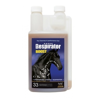 Frasco de suplemento Respirator BOOST para cavalos com imagem de cavalo e texto na embalagem
