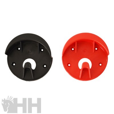 Dois suportes circulares para ferramentas, um preto e um vermelho, em plástico.