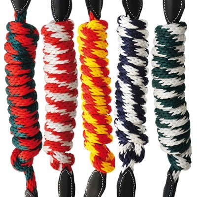 Cinco brinquedos de corda trançada para cães em várias cores com extremidades de couro preto.