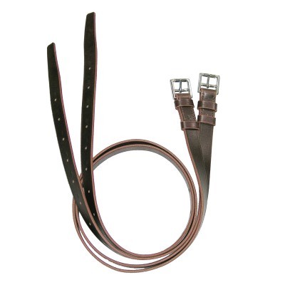 Par de correias de couro marrom com fivelas metálicas.