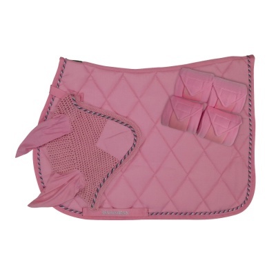 Conjunto rosa para equitação com manta, proteções, venda e toca