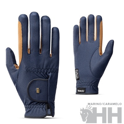 Par de luvas azul marinho com detalhes caramelos e fecho velcro