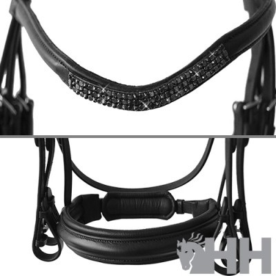 Peça de equipamento equestre em couro preto com pedras brilhantes e almofada acolchoada