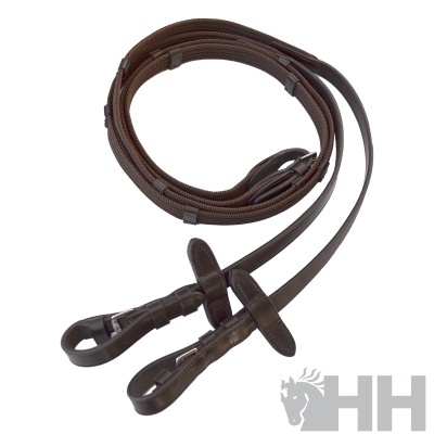 Rédea de cavalo castanha com punhos de couro e metal, fundo branco com logótipo HH