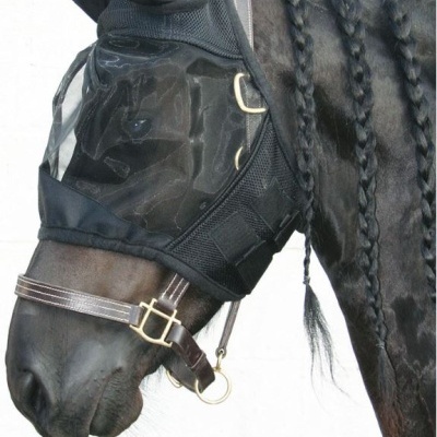 Cavalo preto com máscara protetora e arnês