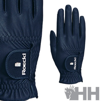 Luvas azuis de pele sintética Roeckl com fecho de velcro e logotipo HH