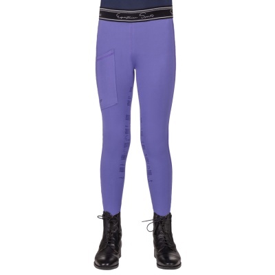 Leggings roxas com bolso e cós preto com texto, e botas pretas