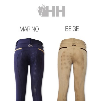 Calças de equitação azul-marinho e bege com padrão antiderrapante no traseiro, logotipo HH acima.