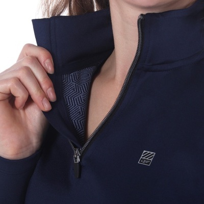 Casaco azul escuro com fecho de correr e interior do colarinho padronizado cinzento