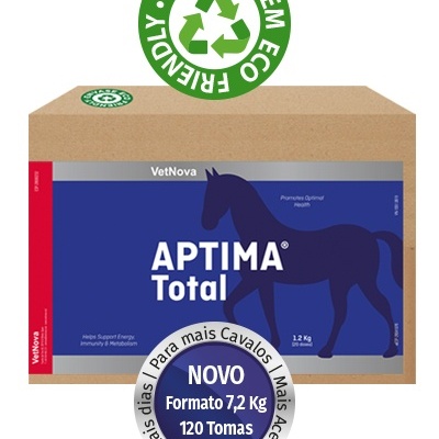 Caixa de embalagem ecológica com rótulo azul e imagem de cavalo, texto Aptima Total